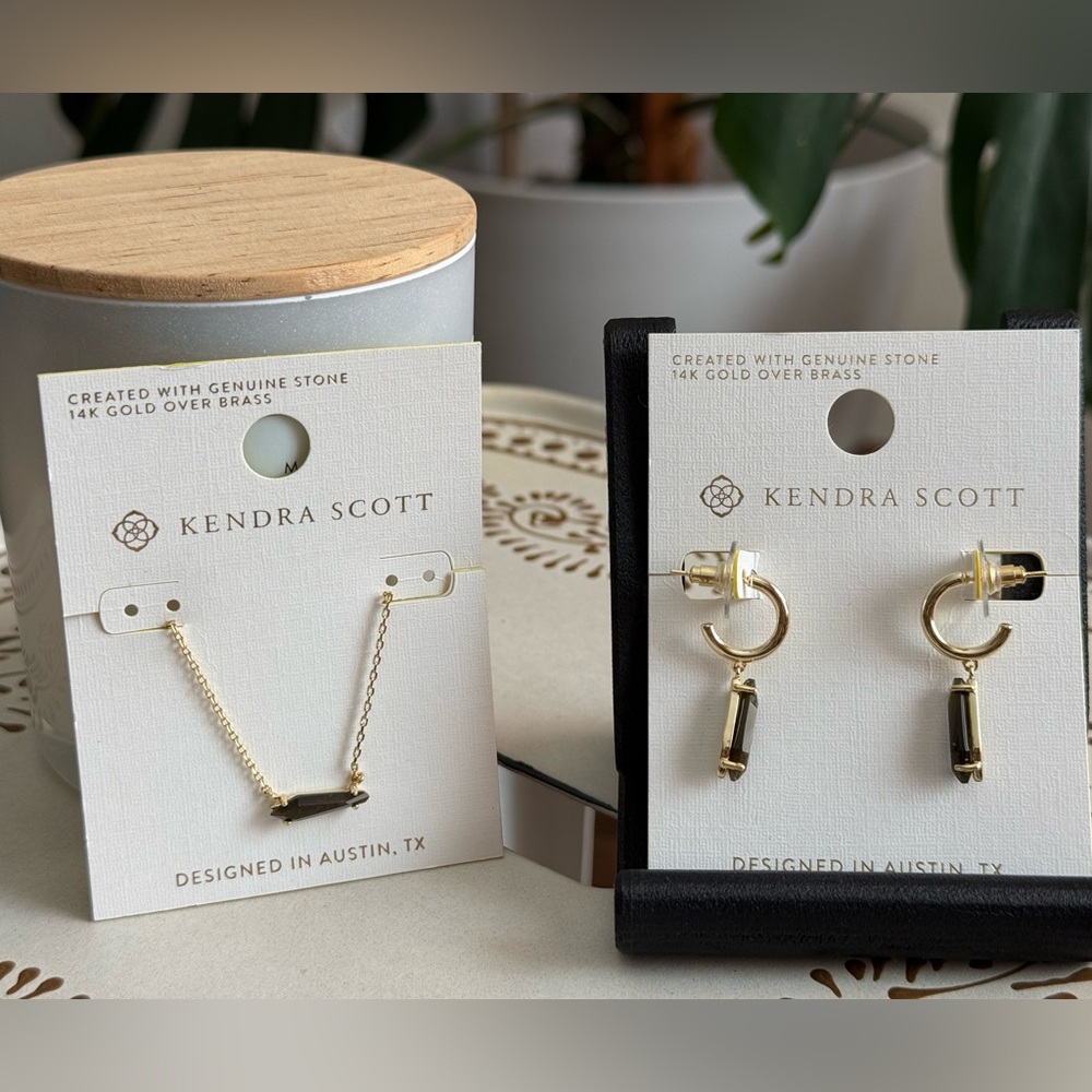 Kendra Scott 14K Gold and Genuine Black Stone Jewelry Necklace and Earrings Set